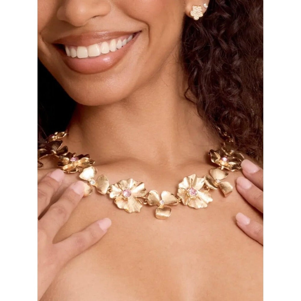 Park Lane Meadow Gold Pink & Clear Floral Statement Necklace NWT - Image 2