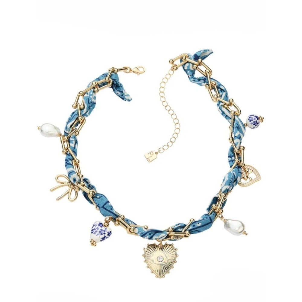Park Lane Bandana Necklace Blue Gold Fabric Chain Heart Pearl Charms NIB - Image 2