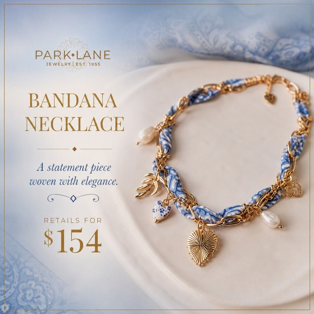 Park Lane Bandana Necklace Blue Gold Fabric Chain Heart Pearl Charms NIB - Image 1
