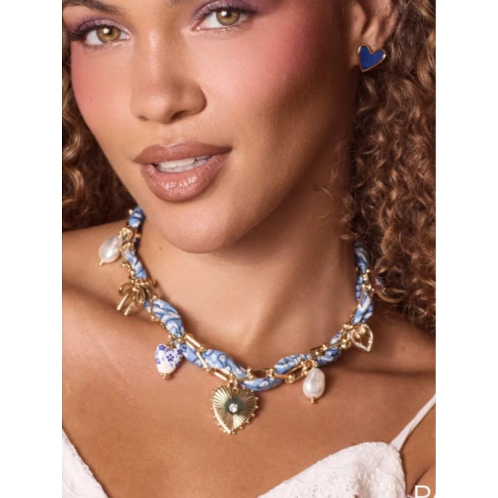 Park Lane Bandana Necklace Blue Gold Fabric Chain Heart Pearl Charms NIB - Image 3