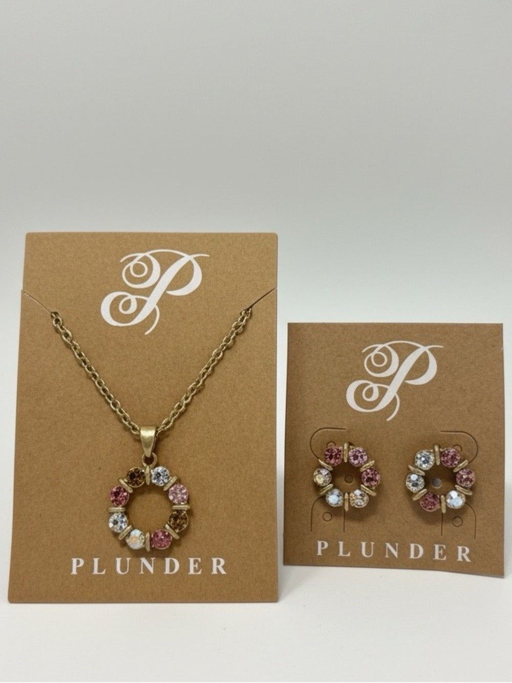 Plunder Gold-Tone Pink Clear Crystal Wreath Necklace Stud Earrings Jewelry Set - Image 1
