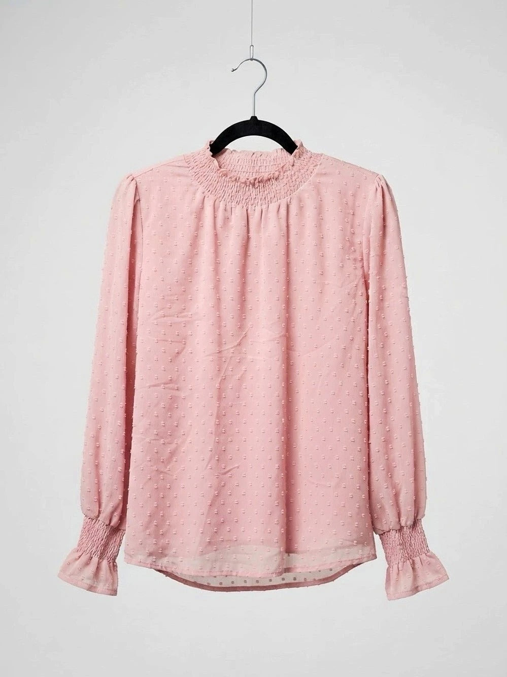 Papillon Swiss Dot Mock Neck Smocked Cuff Blouse Pink Medium - Image 1