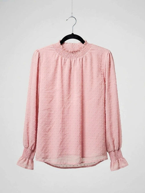 Papillon Swiss Dot Mock Neck Smocked Cuff Blouse Pink Medium - Image 1