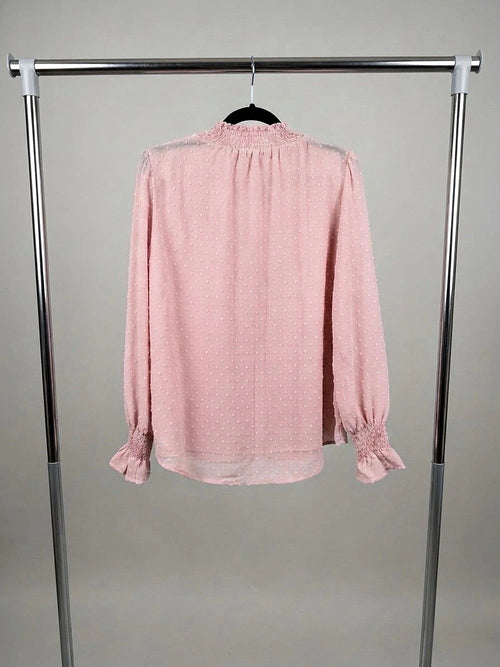 Papillon Swiss Dot Mock Neck Smocked Cuff Blouse Pink Medium - Image 2