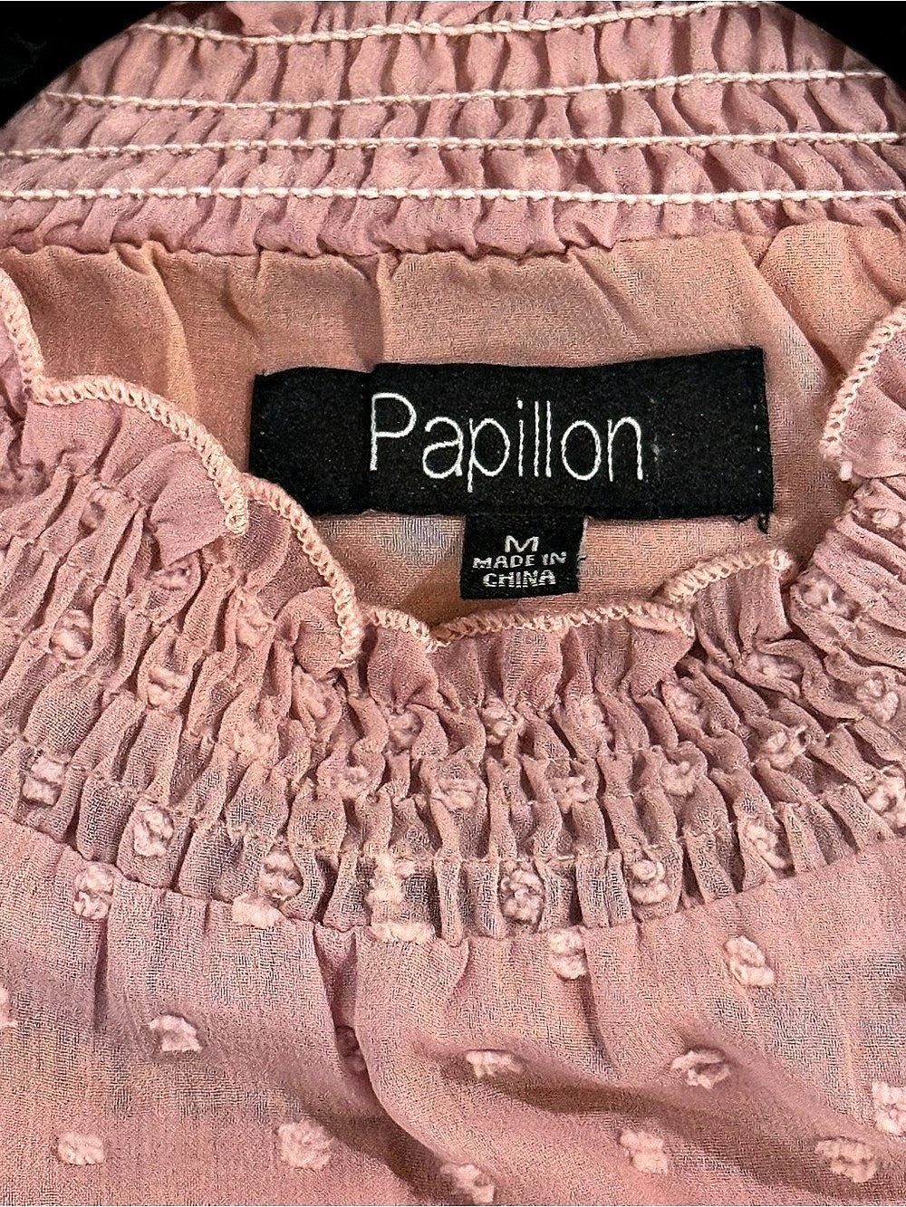 Papillon Swiss Dot Mock Neck Smocked Cuff Blouse Pink Medium - Image 3