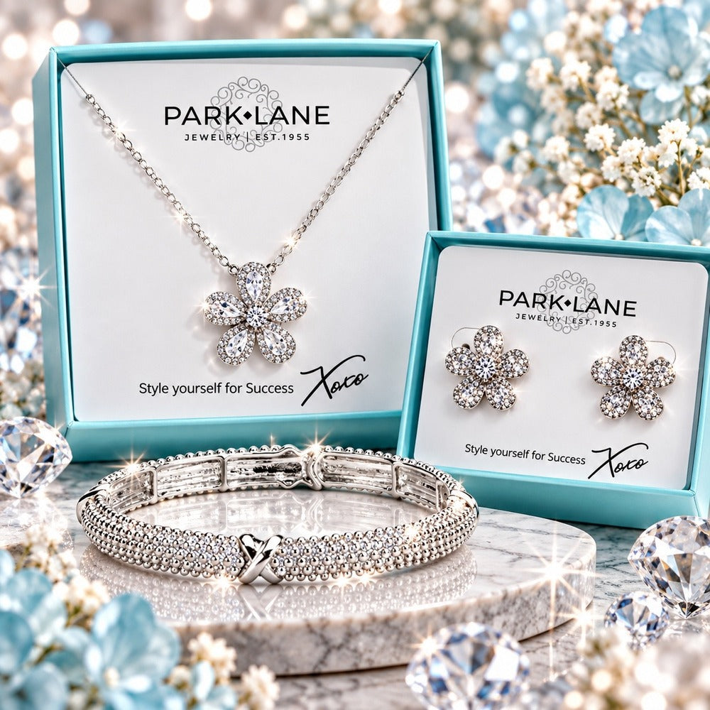 Park Lane Jewelry Flower Set Silver Tone Necklace Earrings Bracelet - Image 1